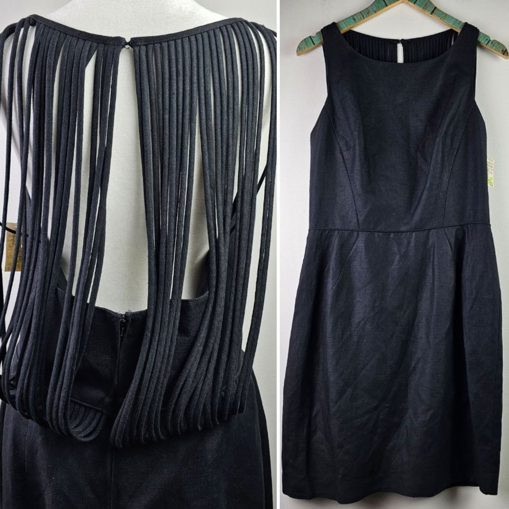Vintage 90's Geary Roark Kamisato Linen LBD with Open Corded Back, Sz 14, NWT